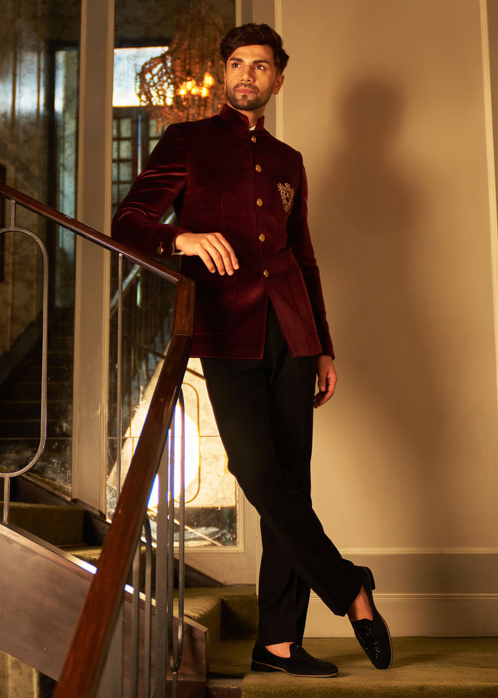 Irish maroon velvet Bandgala