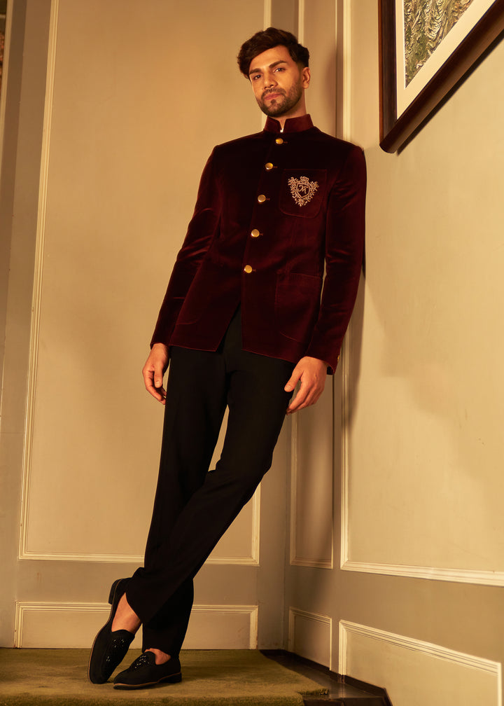 Irish maroon velvet Bandgala